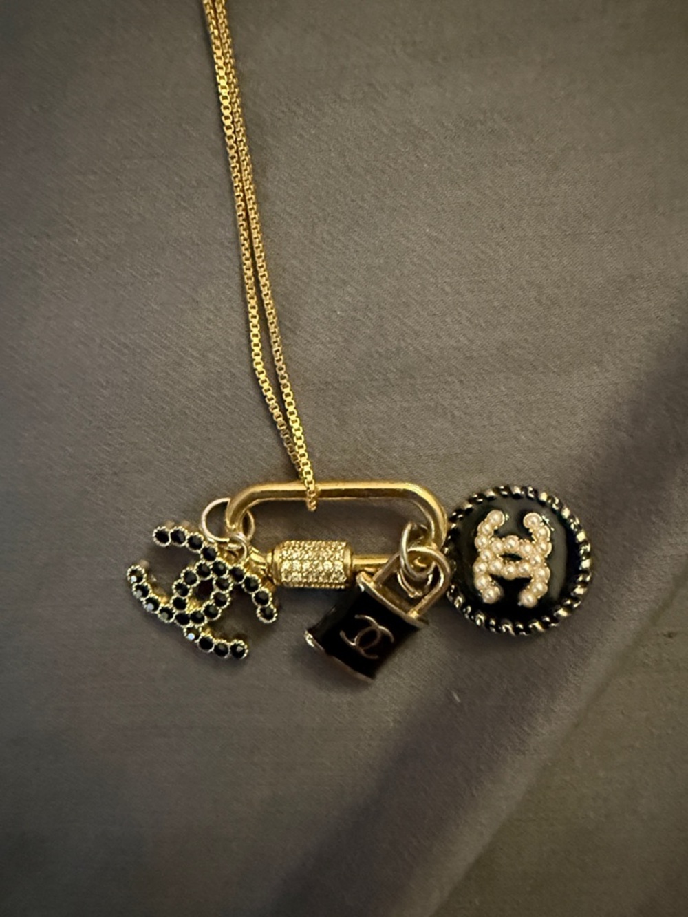 Upcycled CC Gold Tone Chain Necklace with Black and Gold Charms, 18 inches long